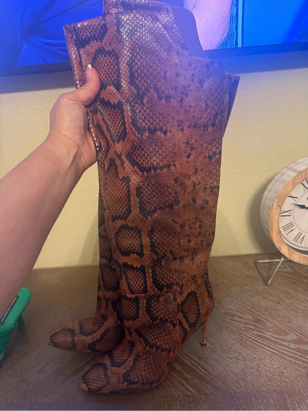 Vince Camuto Brown Snake-Print Knee-High Heeled Boots